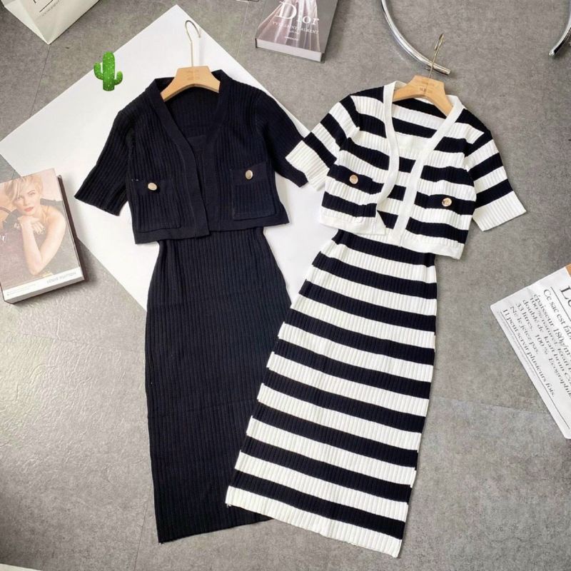 Sét đầm body dáng dài và áo khoác ngoài chuẩn body