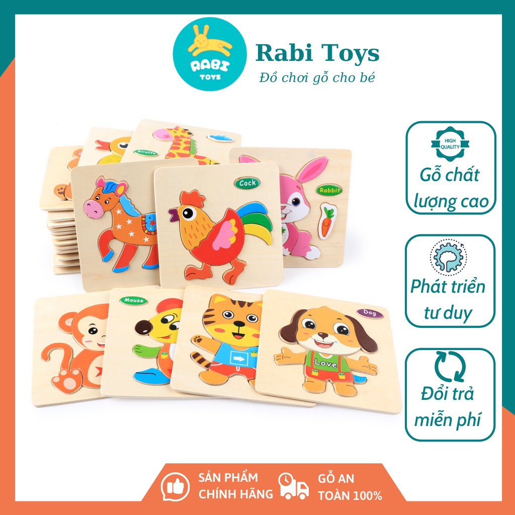 Bộ đồ chơi xếp hình tranh gỗ 3D cho bé phát triển trí tuệ kích thước 15x15cm RABITOYS
