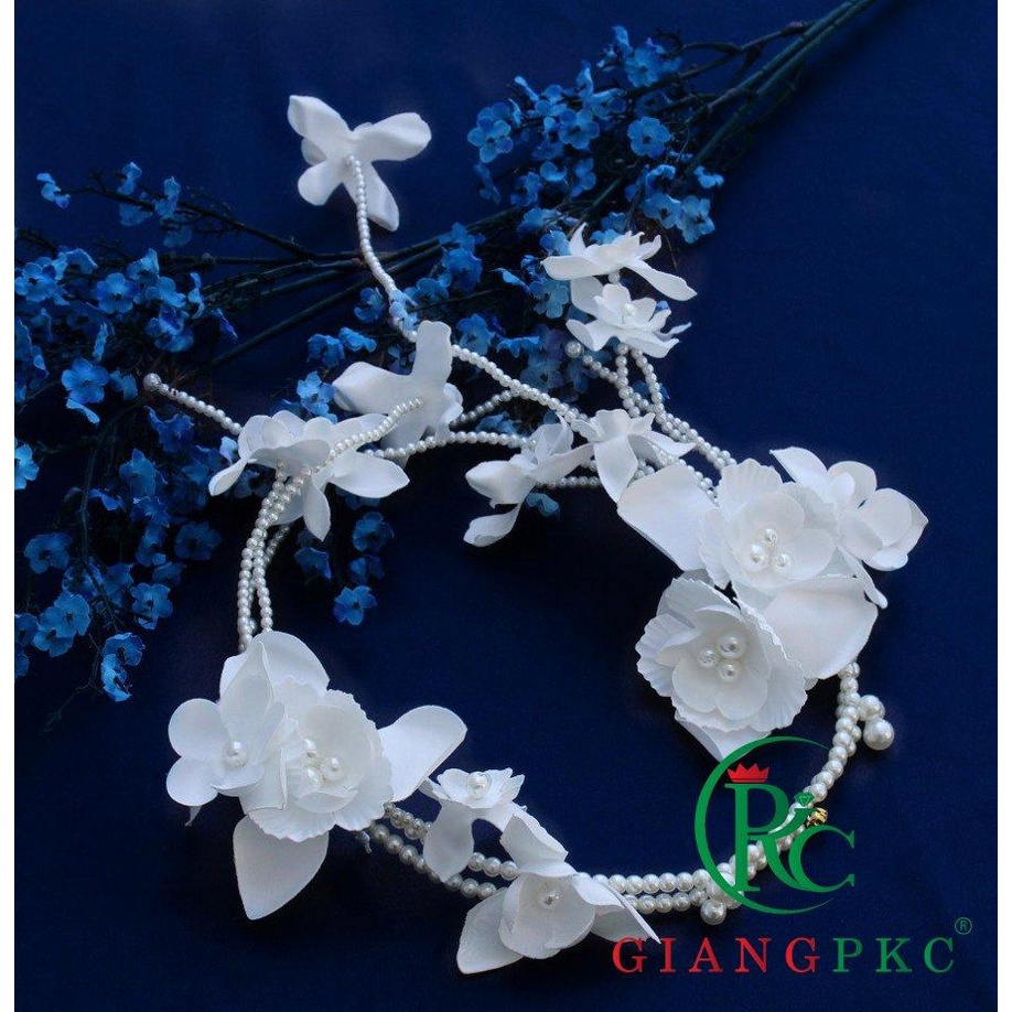 Cài tóc cô dâu hoa trắng dây hạt trai 9-2022 Giangpkc  Phụ kiện cưới Giang