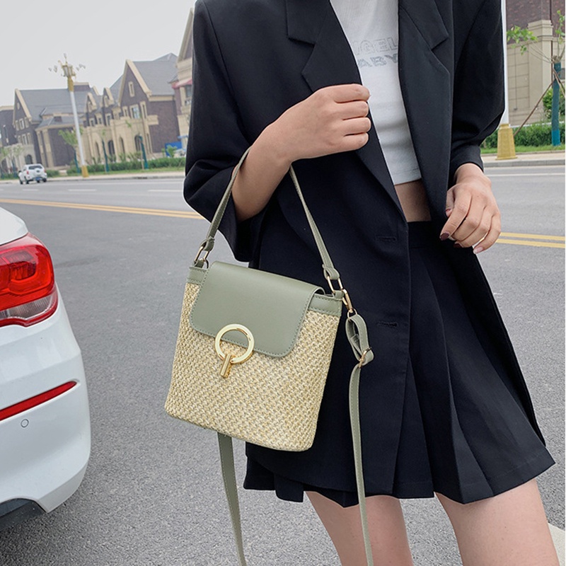 Túi Đeo Vai Đan Rơm Có Khóa Cài Kiểu Dáng Đơn Giản Dành Cho Nữ
