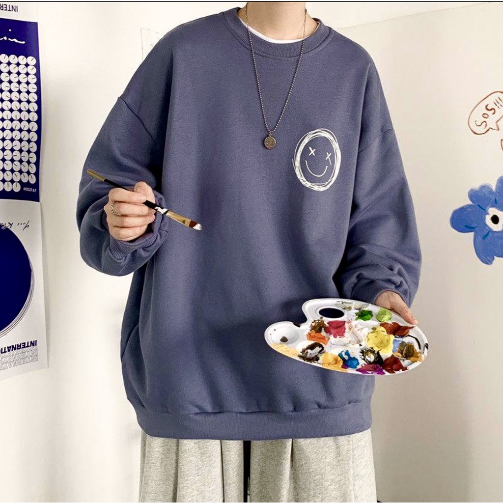 Áo Sweater, Áo Nỉ Bông Trơn 3 Màu Hình Icon Mặt Cười Form Rộng Unisex