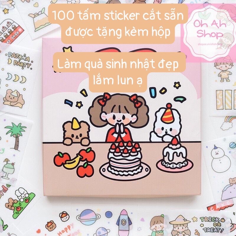 Sticker 100 tấm Hộp quà tặng 100 tấm dán hoạt hình trang trí sổ lưu niệm dễ thương hộp strawberry