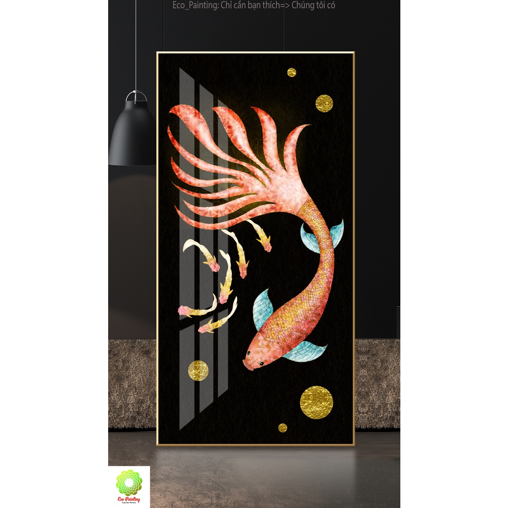 "Tranh cá chép hóa rồng" đẹp, sang trọng tranh cá treo tường đứng kích thước 35x70cm; 40x80cm;50x100cm;60x120cm có khung