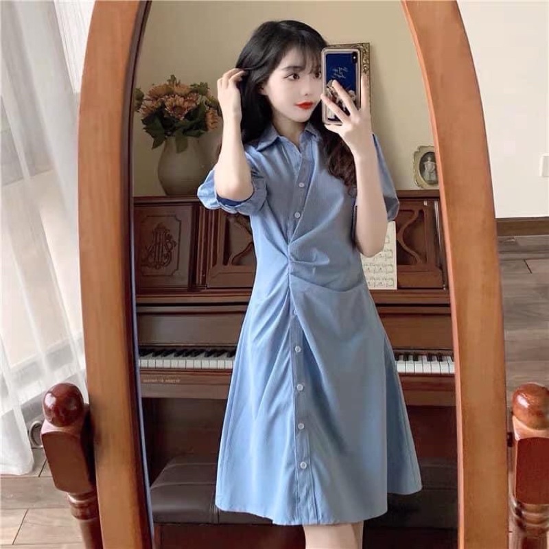 Váy sơmi nhún eo tay bồng kaki