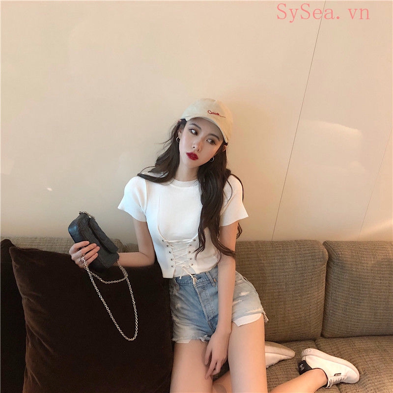 Áo Croptop Dệt Kim Tay Ngắn Thiết Kế Đơn Giản Hợp Thời Trang