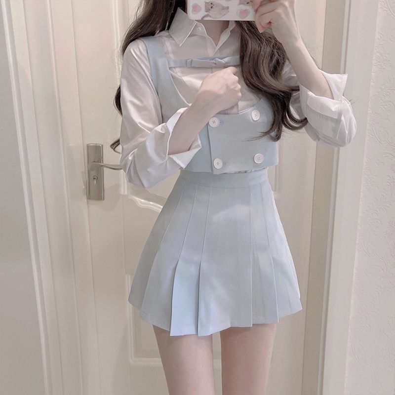 / O Kho C N > Set Áo Khoác Cardigan Màu Xanh Dương + Chân Váy Xếp Ly Thời Trang Mùa Thu 2022 Dễ Thương Ngọt Ngào Cho Nữ
