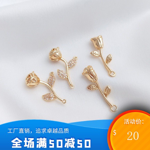 Mặt Dây Chuyền Hình Hoa Hồng Khảm Đá Ba Chiều Màu Vàng 14K Phụ Kiện Trang Sức diy