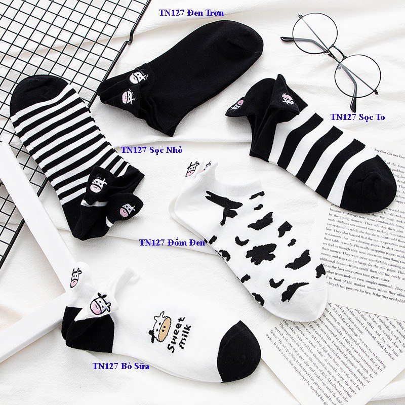 Set 5 đôi tất bò sữa Bivota vớ cổ ngắn thêu hoạt tiết vintage Hàn Quốc siêu đẹp T125