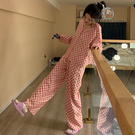 Bộ đồ ngủ pijama dài tay họa tiết kẻ caro trắng đỏ thời trang mùa thu mới thoải mái cho nữ