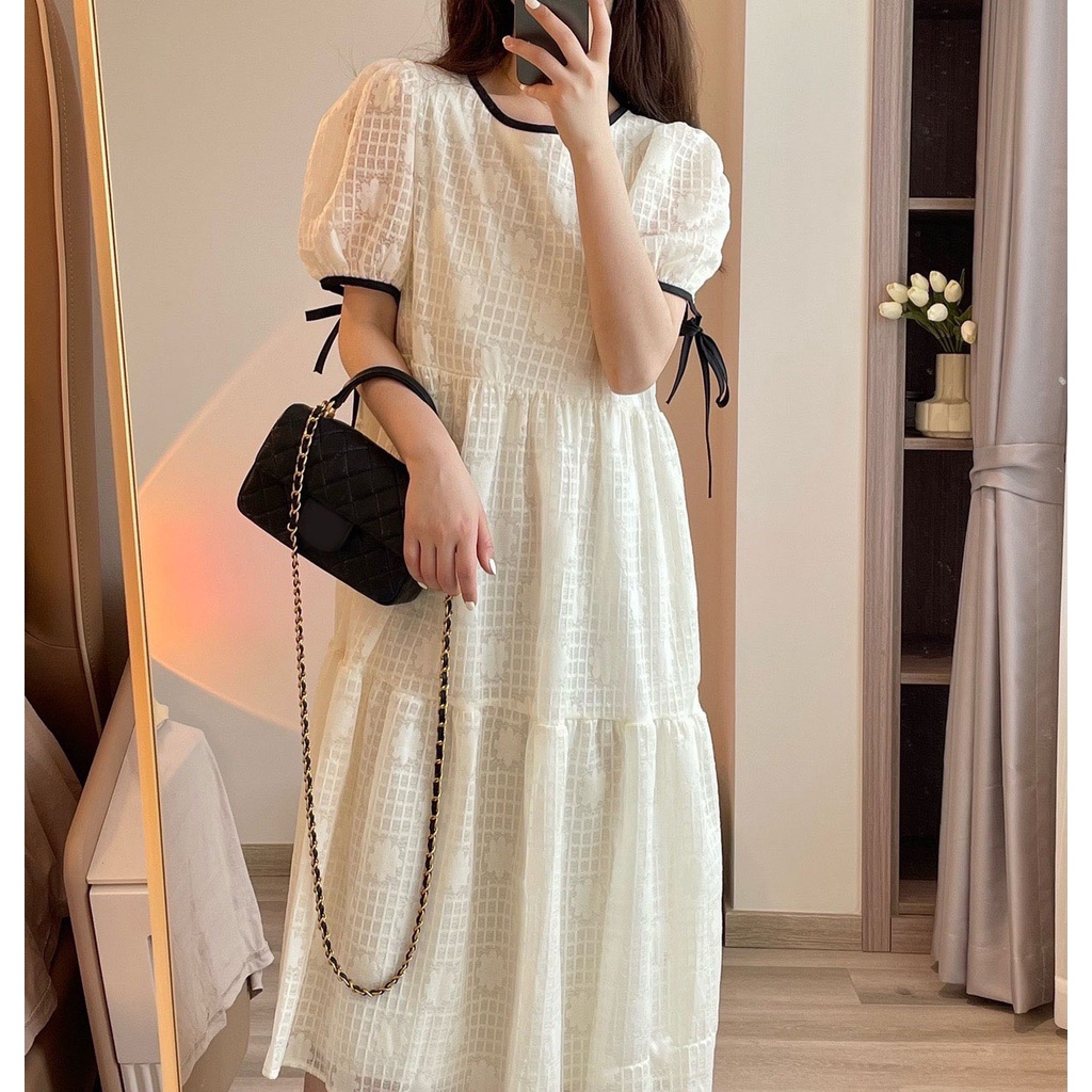 Đầm babydoll dáng dài, váy babydoll hoa nổi hai lớp tay phồng - V84