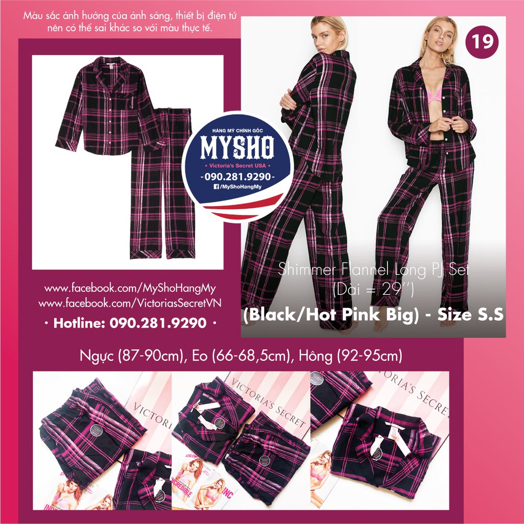 (Sleep Bill Mỹ S) - Bộ đồ ngủ dài, caro tím đen cá tính (19), viền lấp lánh, Shimmer Flannel Long, Black Hot Pink