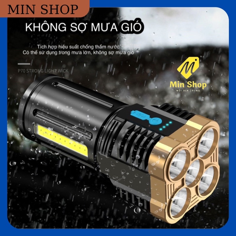 Đèn Pin, Đèn Pin Siêu Sáng Cầm Tay 5 Bóng , Chiếu Cực Xa 200m, Chống Thấm Nước Với 4 Chế Độ Sáng, Dây Sạc USB Cực Tiện