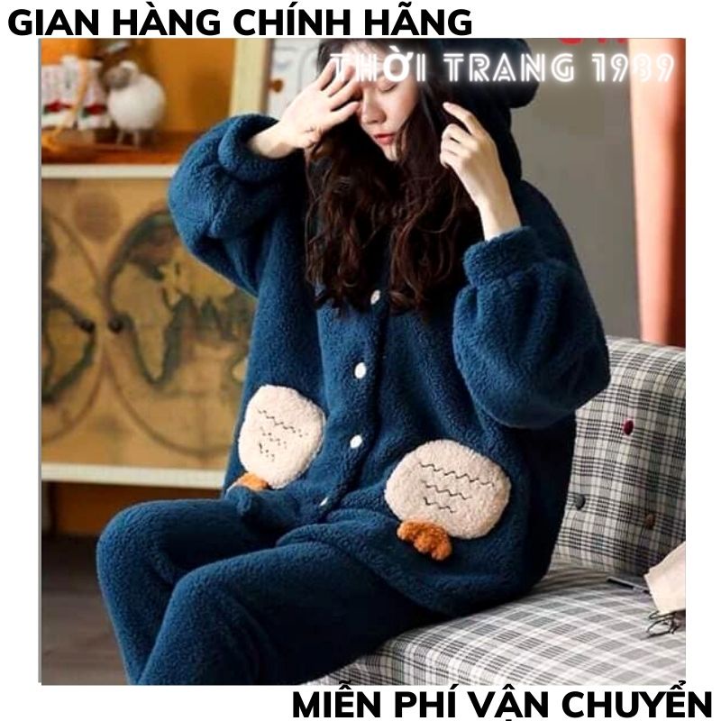 Bộ ngủ lông cừu nữ 🍀bộ lông khuy cài túi cà rốt hàng QC dày mềm mịn tay giữ nhiệt tốt ,bộ ngủ form rông hàn quốc TT1989 | BigBuy360 - bigbuy360.vn