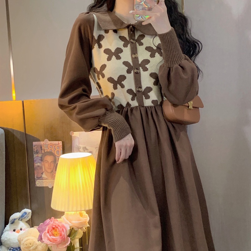 Váy Nhung Mix Len Thu Đông Ấm Áp Tay Bồng, Dáng Xòe Nhẹ