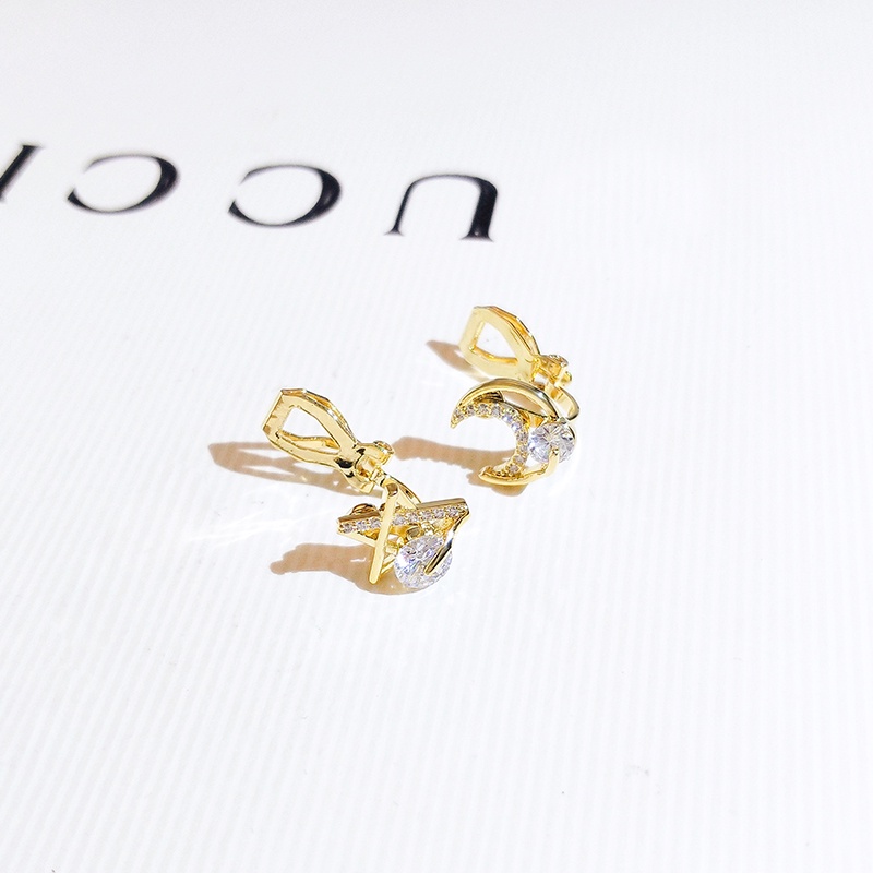Khuyên tai JIUDUOLAN dạng kẹp/ xỏ kiểu dáng ngôi sao mặt trăng đính đá zircon thời trang đơn giản dễ phối đồ cho nữ