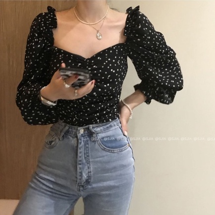 QADCOL   Áo Croptop Tay Dài Cổ Vuông In Họa Tiết Hoa Phong Cách Cổ Điển Thời Trang Cho Nữ
