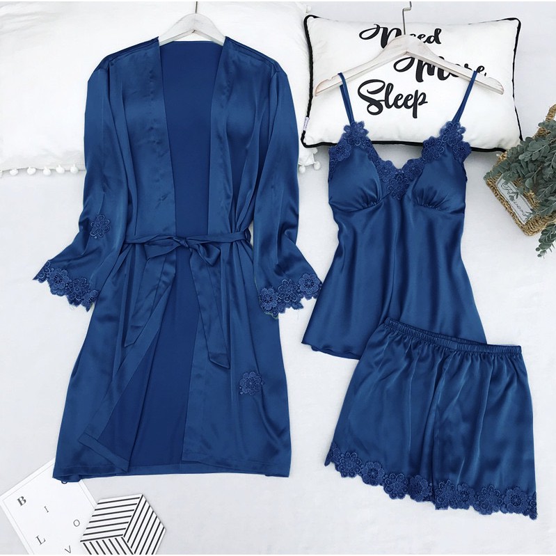 HISEXY Set Áo Khoác 2 Món Gồm Áo Khoác Và Đồ Bộ Ngủ Lụa Satin Cao Cấp - AK01MS01