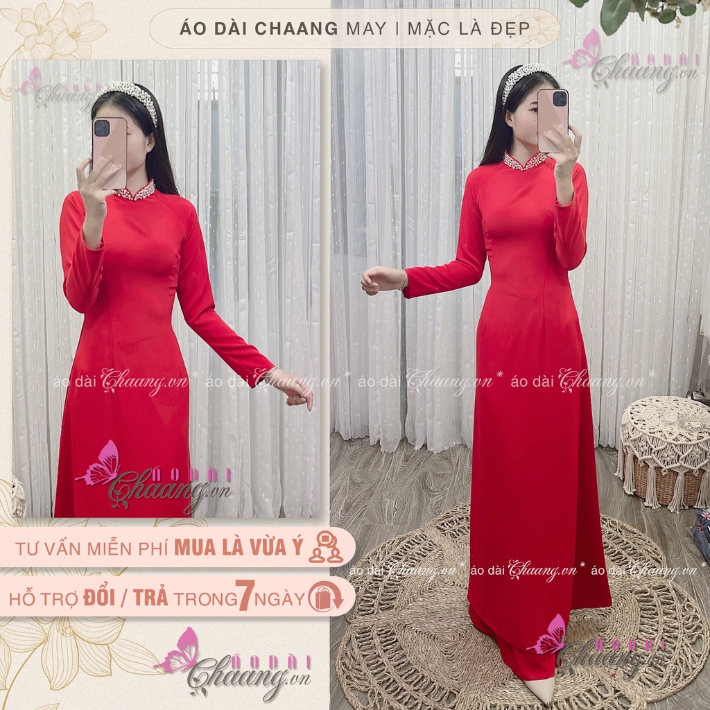 Áo Dài Đỏ Truyền Thống May Sẵn Thiết Kế Đính Tủa Cổ Phủ Ngọc Đẹp Cao Cấp