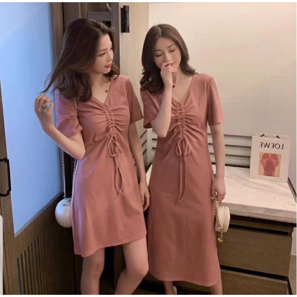 Đầm suông nữ cổ tim rút dây ngực đuôi xòe chất cotton tàu mịn mát thiết kế sang chảnh | BigBuy360 - bigbuy360.vn
