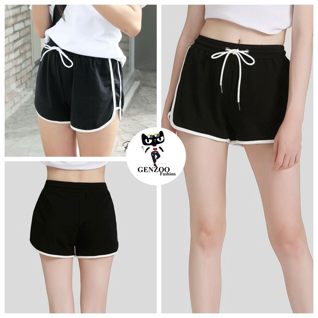 Quần short nữ viền kẻ trắng buộc dây thể thao ulzzang chất thun mềm mát - GENZOO