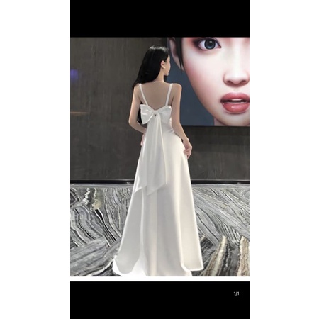 đầm trắng thắt nơ hai dây, váy dạ hội bên bờ biển Sanya Wanning váy cưới nhẹ váy cưới