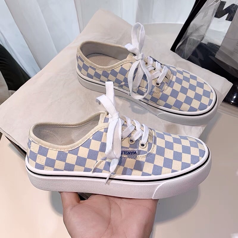 Giày thể thao vải buộc dây sọc kẻ caro ulzzang