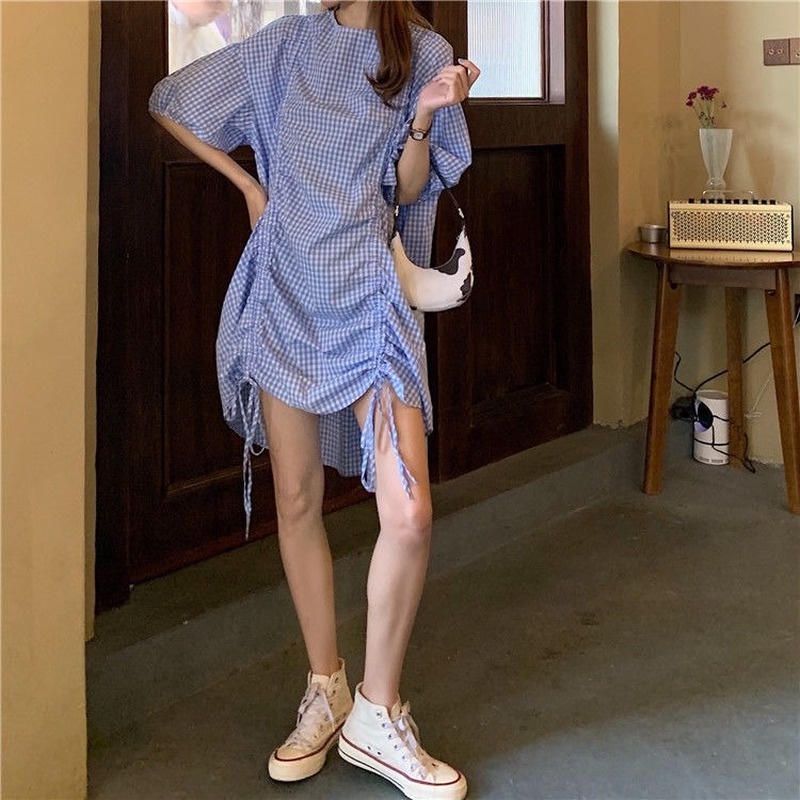 Đầm Dáng Rộng Tay Phồng Họa Tiết Sọc Caro Thiết Kế Dây Rút Thời Trang Mùa Hè Hàn Quốc Mới