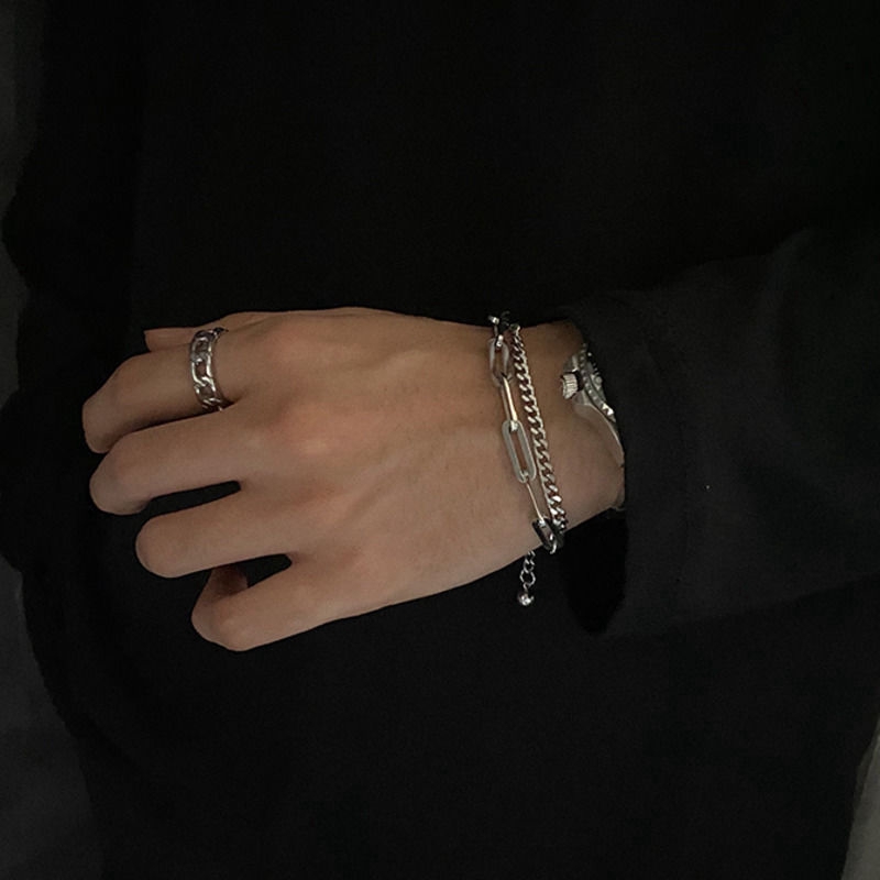 Vòng tay hai lớp bằng thép titan phong cách hip hop cá tính