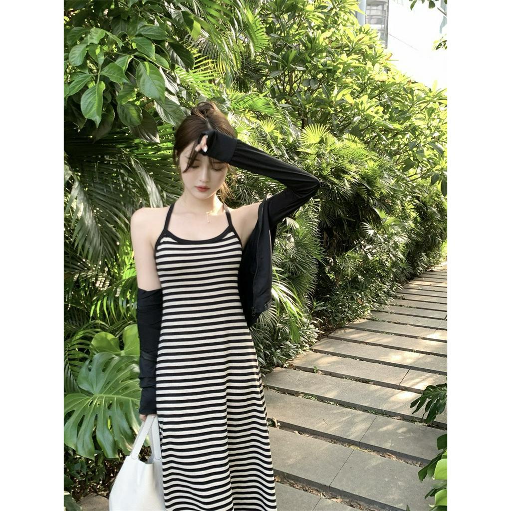 ZHELIHANGFEI Đầm Hai Dây Dáng Ôm Họa Tiết Kẻ Sọc Màu Sắc Tương Phản Phong Cách Hàn Quốc Thời Trang Cho Nữ