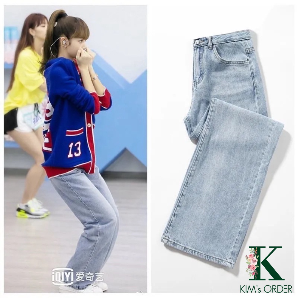 Quần Jean Nữ Màu Xanh Bạc Jisoo Basic Ống Suông Phom Rộng Dài Chất Liệu Co Dãn Nhẹ Loại Đẹp Phong Cách Hàn Quốc Cá Tính