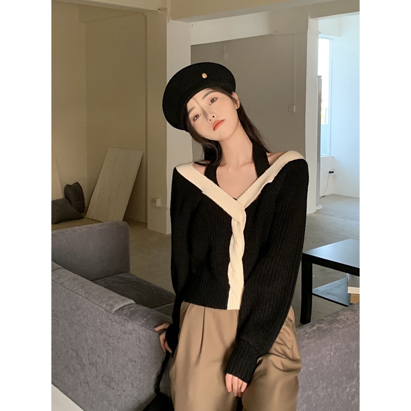 ZHELIHANGFEI Áo Len Tay Dài Cổ Chữ V Lưng Cao Phong Cách Quyến Rũ