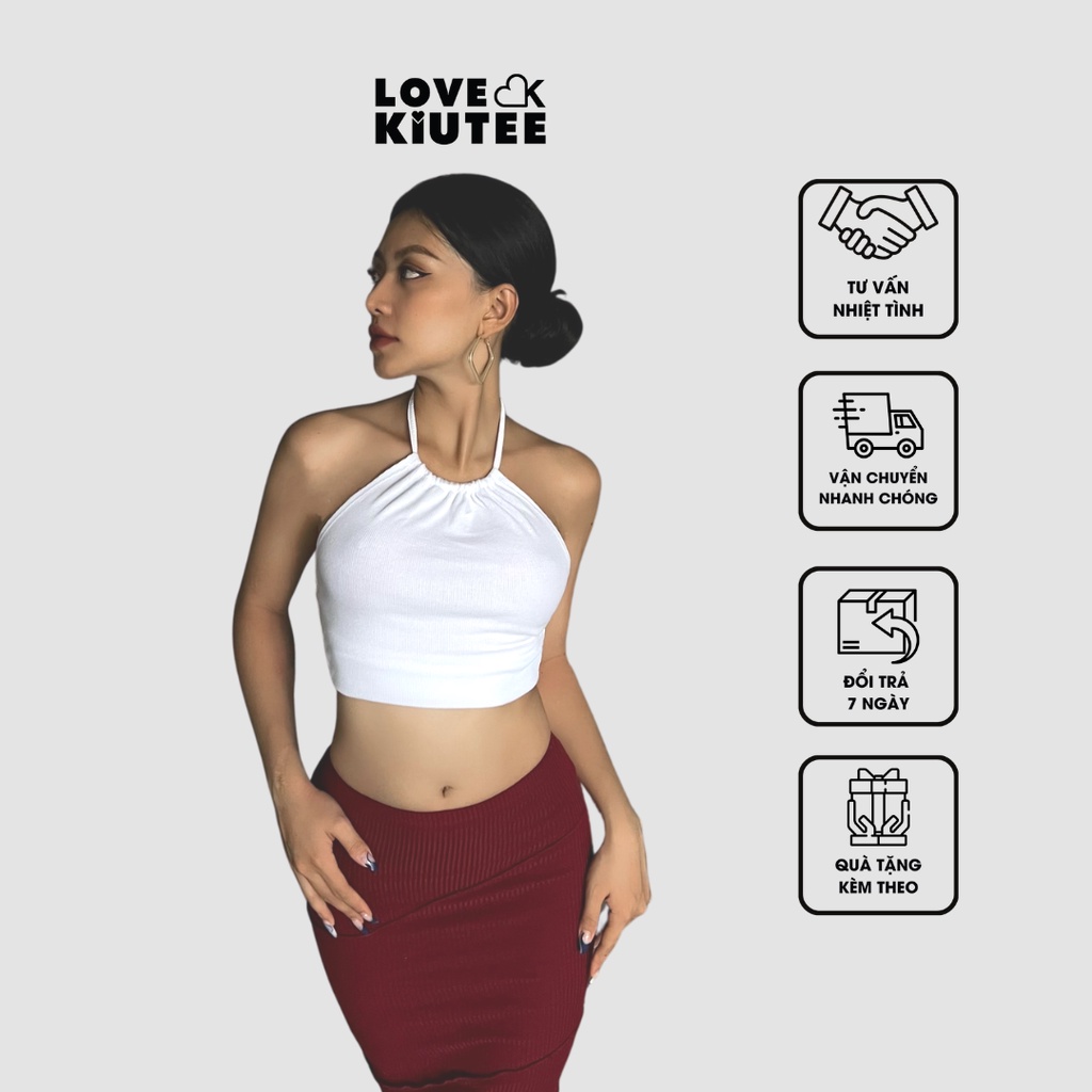 Áo lửng kiểu nhúm cột cổ thun gân Backless Halter Top màu trắng đen LOVEKIUTEE