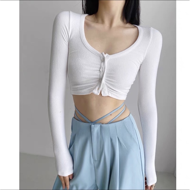 Áo Croptop Tay Dài Chất Thun Gân Co Dãn