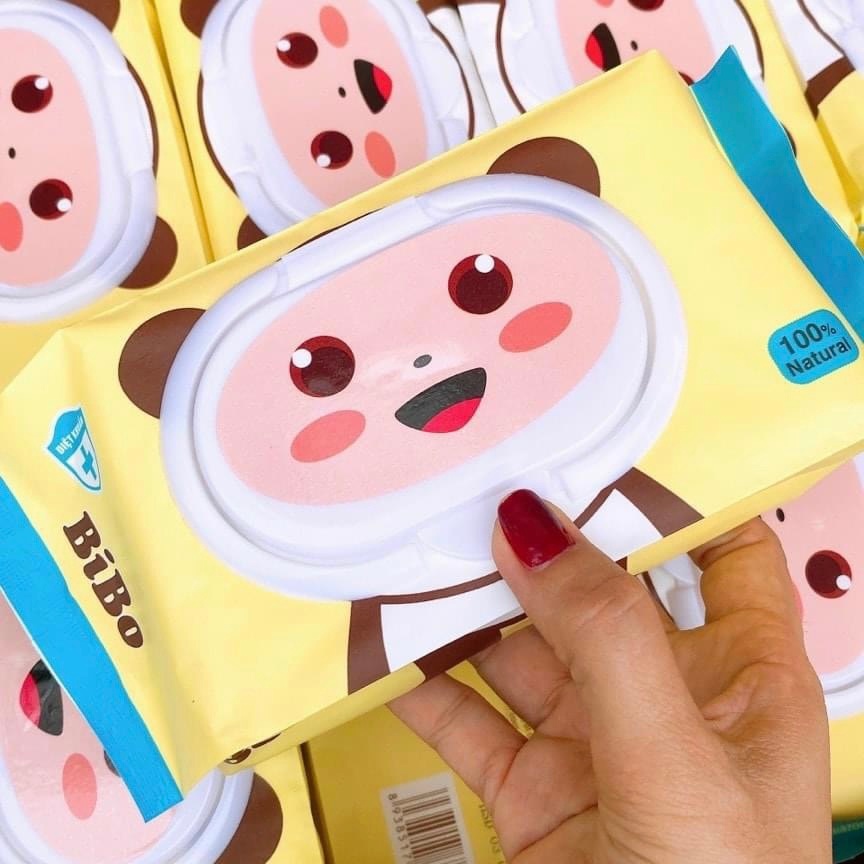 Khăn giấy ướt gấu trúc Bibo không mùi 100 tờ cho trẻ sơ sinh, lau tay, vệ sinh