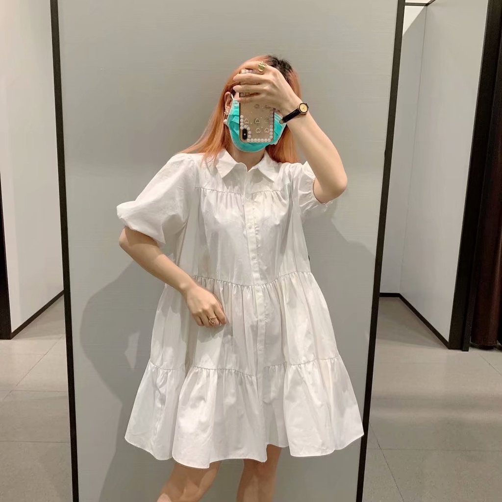 SUV008 Váy sơ mi babydoll trắng tay bồng có cúc dáng lỡ nữ sinh 2 tầng xòe đi học đi chơi dễ thương trẻ trung cute đẹp