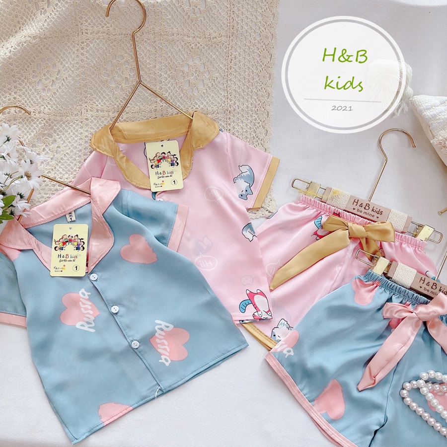 [16KG-35KG]  Bộ Mặc Nhà Pijama Lụa Phối Nơ Cao Cấp Tay Cộc Cho Bé Gái - Chất Liệu Lụa mềm Mịn Thoáng Mát