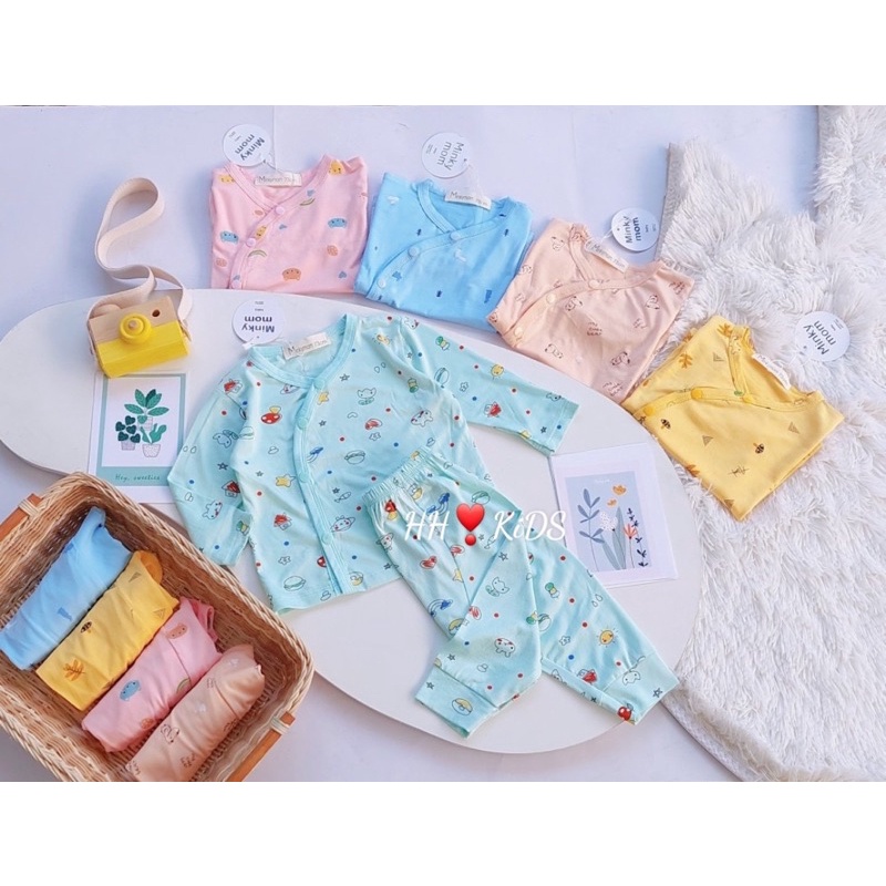 Bộ quần áo dài tay cúc cài lệch vải thun lạnh điều hòa mềm mát minky mom bé trai bé gái 4-11kg