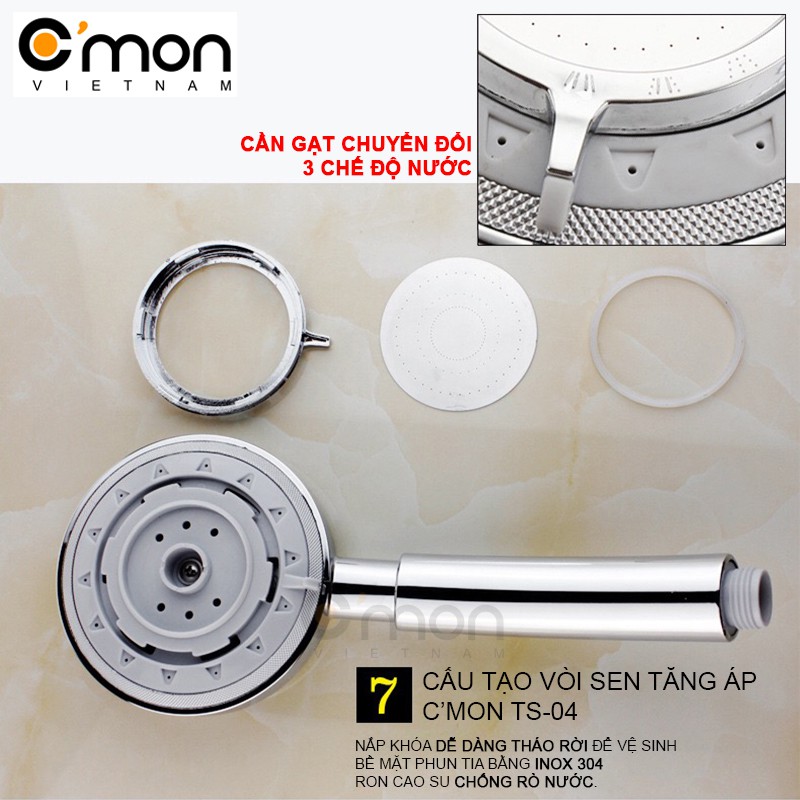 Bộ tay sen siêu tăng áp với 3 chế độ nước C'MON TS-03 + dây sen