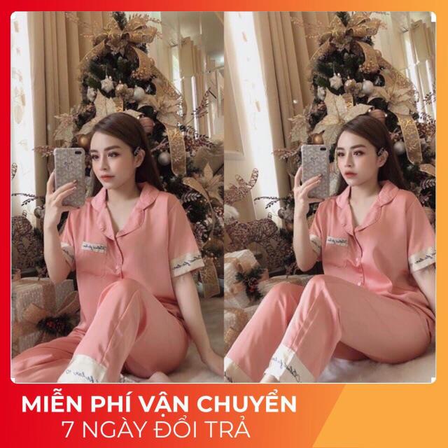 Bộ ngủ nữ pijama tay cộc quần dài viền chữ chất lụa satin không bai xù.fre size 60kg.Sẵn nhiều màu AT101