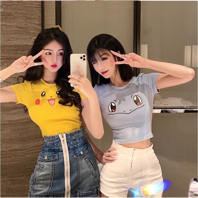 Áo croptop nữ  tay ngắn họa tiết Pikachu dễ thương,Áo Kiểu Croptop Nữ Ôm Body Hottrend 2022