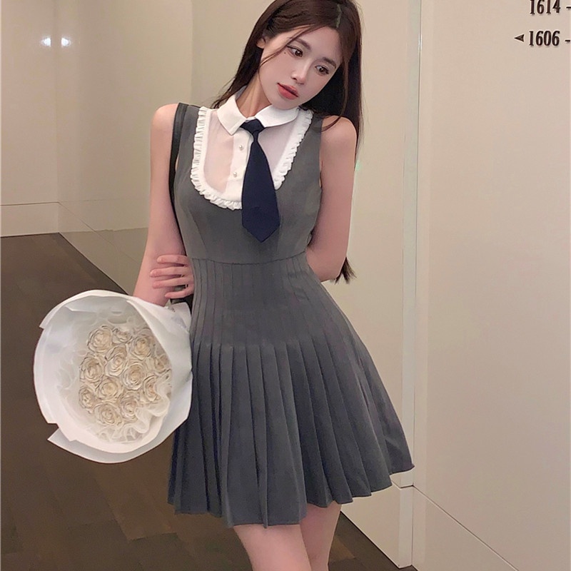 Đầm Xếp Ly Sát Nách Cổ Bẻ Thời Trang Trẻ Trung Cho Nữ