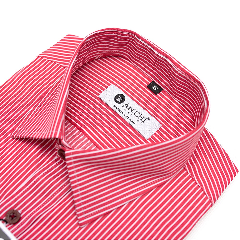 Áo Sơ Mi Nam Ngắn Tay Trung Niên ANCHI Hoạ Tiết Kẻ Đỏ Vải Sợi Tre Cao Cấp