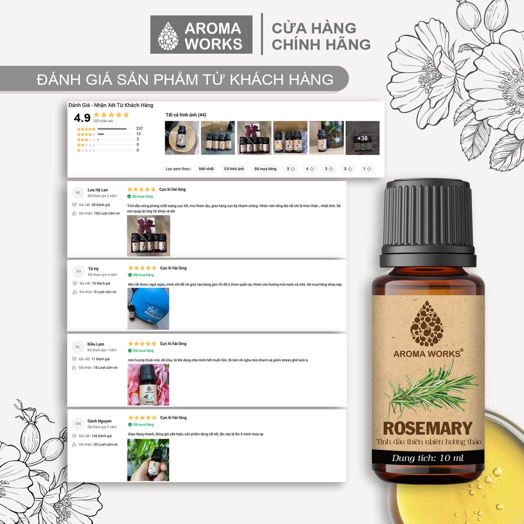 Tinh dầu Hương Thảo Aroma Works xông phòng, giúp dễ ngủ, đuổi muỗi, giải cảm, khử mùi - Rosemary