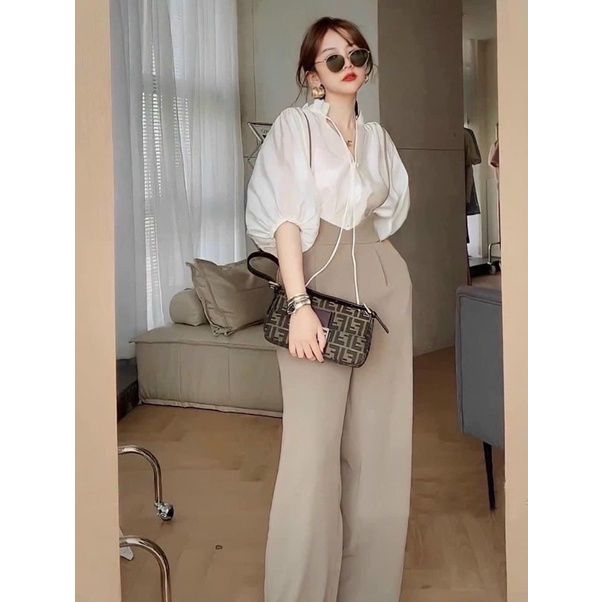 Set yếm kèm áo sơi mi tay bồng siêu xinh