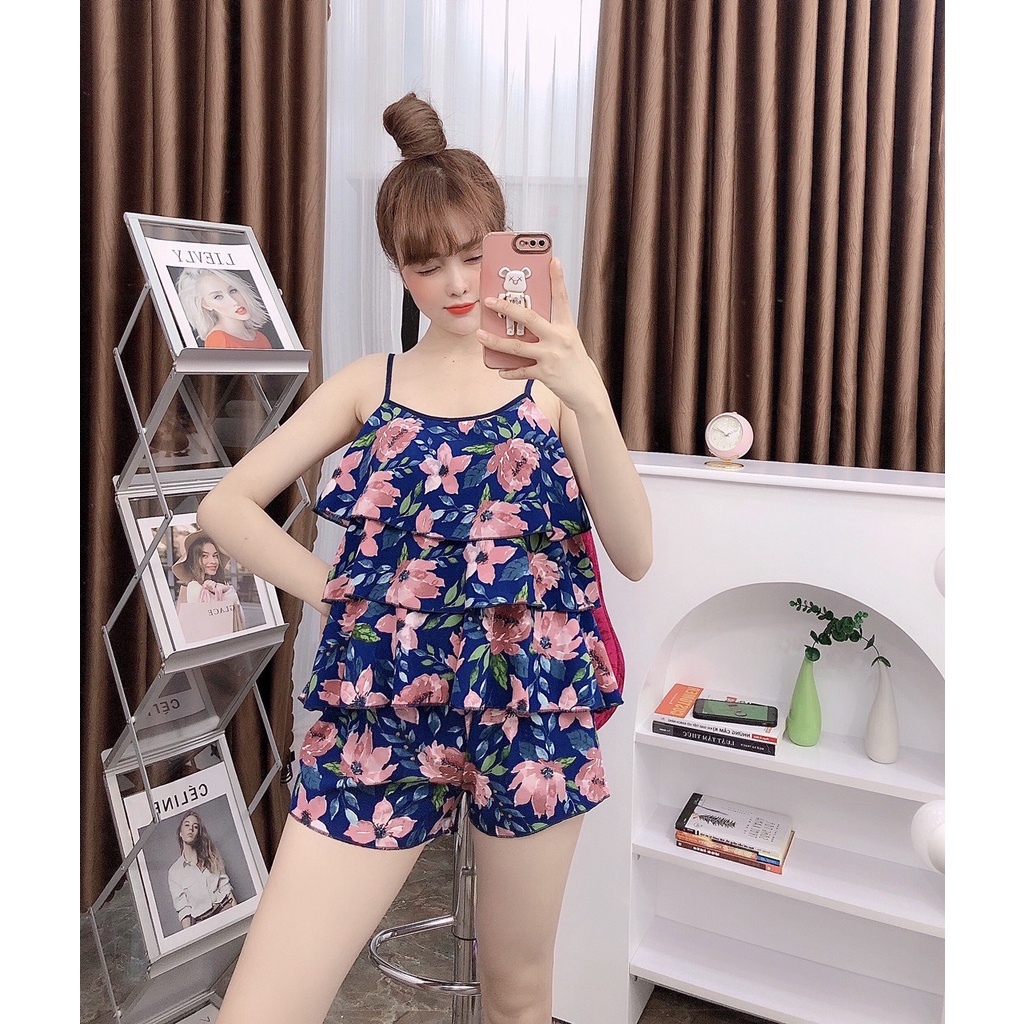 Set đồ ngủ nữ 2 dây nhỏ 3 tầng mãu họa tiết lạ siêu xinh -giao màu ngẫu nhiên tương tự freesize dưới 57kg