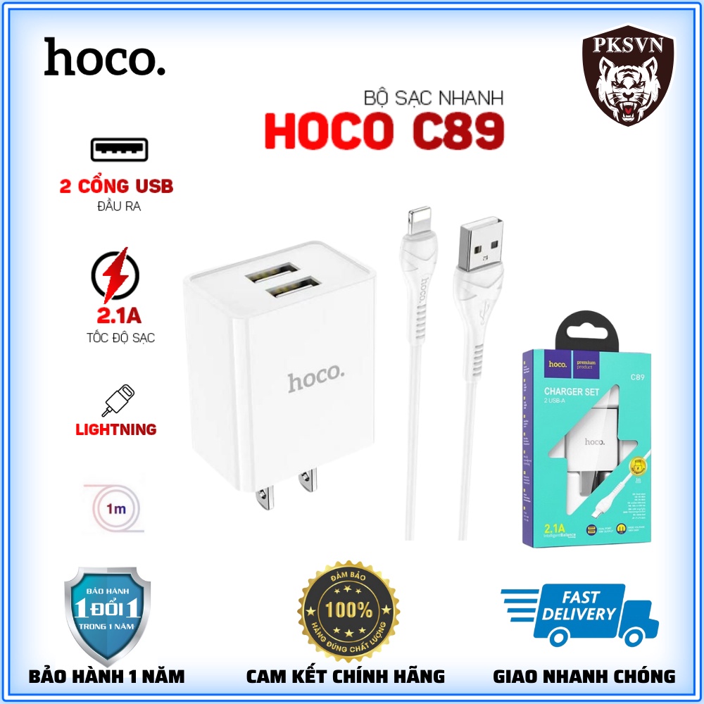 Bộ Sạc Nhanh 2 Cổng Hoco C89 Chống Cháy Nổ - Bộ Củ Kèm Cáp Sạc Nhanh 2.1A Dài 1M - BH 12 Tháng