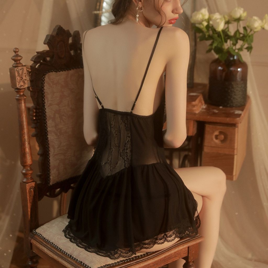 Đầm ngủ 2 dây gợi cảm Váy ngủ xuyên thấu sexy co dãn tặng quần chíp M80