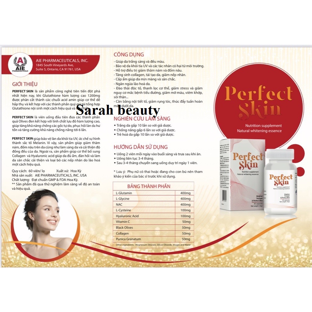 [CHÍNH HÃNG] VIÊN UỐNG PERFECT SKIN - VIÊN UỐNG TRẮNG DA, MỜ NÁM, GIẢM THÂM HỘP 60 VIÊN