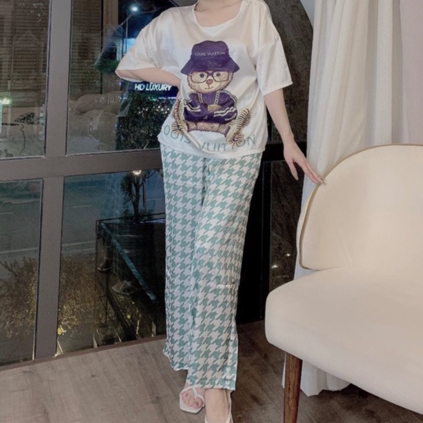 Bộ đồ ngủ lụa mặc nhà pyjama lụa cao cấp áo cộc quần dài freesize 45-60kg hợp mẹ sau sinh