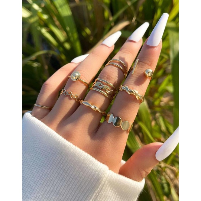 iF YOU Set 9 Nhẫn Nhiều Lớp Mạ Vàng Phong Cách Cổ Điển Thanh Lịch Dành Cho Nữ